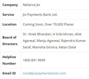 jio payment bank information